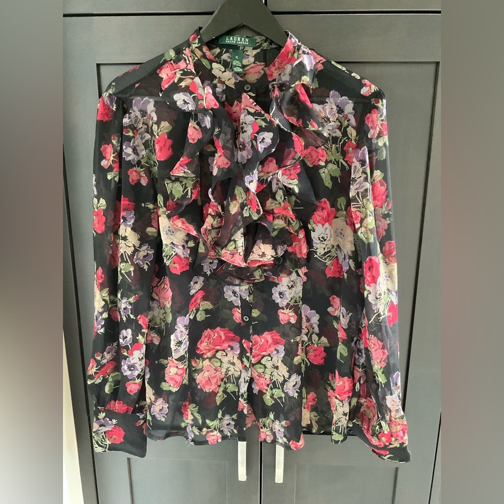 🌺 🖤 LRL Ralph Lauren Floral Sheer Ruffle Long Sleeve Blouse | Size XL